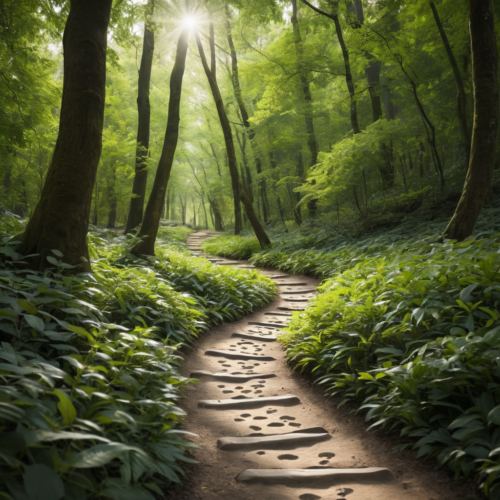 Mindfulness Techniques for Everyday Life: Practices to Incorporate Mindfulness into Daily Routines. serene nature path with footprints highlighted, symbolizing the mindfulness practiced during movement, as an individual enjoys their surroundings.