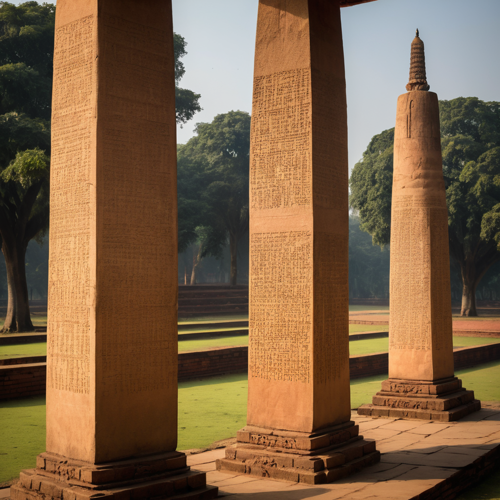 The Ashokan Pillar at Lumbini, Sarnath - The Dhamek Stupa, Emperor Ashoka with Buddhist Missionaries, Rediscovery of Ashoka's Inscriptions in the 19th Century, Mauryan Empire at its Height, Harshavardhana’s Religious Assemblies, Ashoka’s Remorse after the Kalinga War, Sarnath’s Ancient Monastery Ruins, The Spread of Buddhism under Ashoka’s Reign, Ashoka’s Conversion to Buddhism – Royal Court Scene, Ashokan Edicts in Brahmi Script, Pataliputra - Capital of the Mauryan Empire, The Ashokan Pillar at Delhi’s Feroz Shah Kotla Fort, Harshavardhana’s Support of Buddhism, Mauryan Artifacts from Archaeological Sites, The Mauryan Empire’s Decline and Buddhist Monastery Ruins