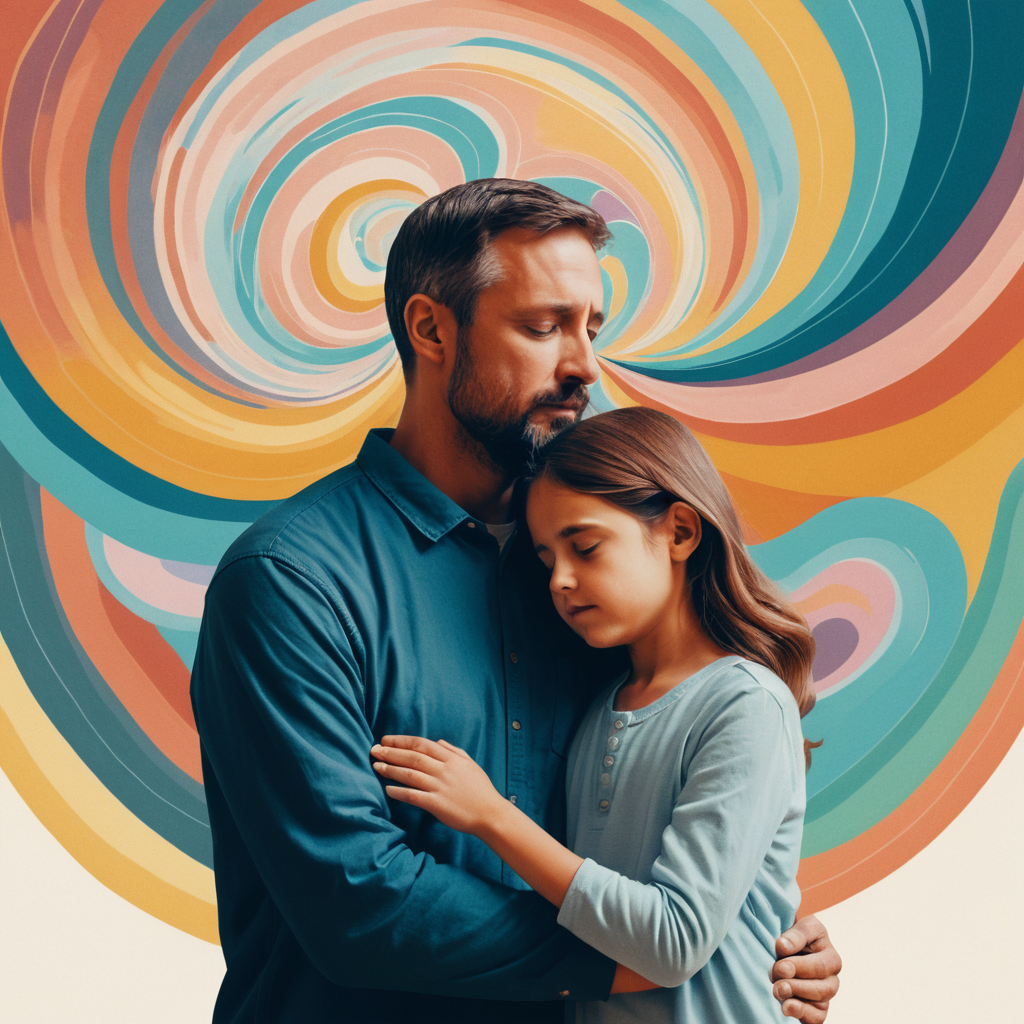 A thoughtful scene with a mother and father experiencing various emotions, visualized through soft, swirling colors around their heads to represent mental health aspects such as anxiety, love, and resilience. Their child stands close to them, connecting the family, with comforting hand-holding to represent stability