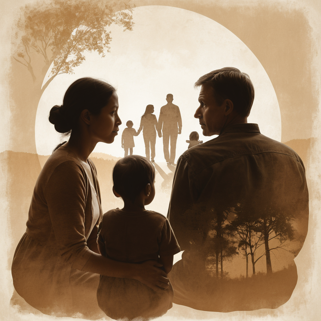 An image of a mother and father contemplating their young child, with faint, layered silhouettes of each parent’s childhood selves in the background. This imagery symbolizes the impact of parental past experiences on their current bond. Calm earth tones highlight the warm, nostalgic ambiance of family heritage and connection