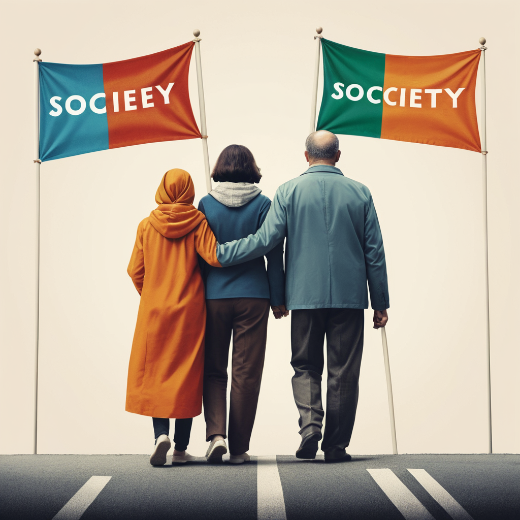 A thoughtful image showing the mother and father each carrying symbolic "society" banners behind them, representing external expectations like "perfect parent" and "provider." They stand close to their child but appear weighed down by these societal ideals. Subtle contrasts of warm and cool colors visually separate individual ideals.