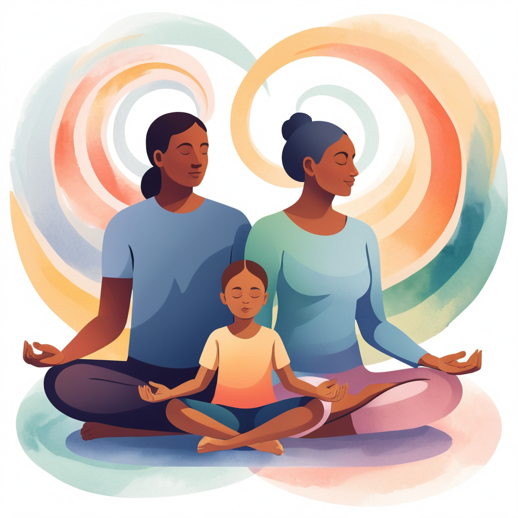 A calm scene depicting both parents sitting with their child in a mindful moment, perhaps with gentle yoga postures or meditation. Around them are soft, swirling colors symbolizing tranquility, mental clarity, and emotional resilience