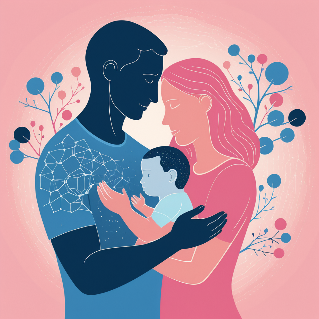 A split-image illustration showing a mother and father each holding their child. Behind each parent, visual cues of biological aspects—like the oxytocin molecule for the mother and a brain-wave pattern for the father—convey the biological and emotional basis of parental love. Use gentle colors like light pinks and blues for warmth.