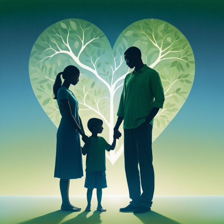 : A serene, balanced scene showing a mother and father with their young child, symbolizing unity and love within a family. The parents are gently embracing their child, who stands between them, showing connection and trust. A soft, warm light surrounds them, with subtle symbols of psychological and biological bonds in the background, such as a heart and a brain silhouette. This background can have soft hues of blue and green to evoke peace and stability