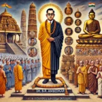 DALL·E 2024-11-07 17.11.31 - A detailed depiction illustrating Dr. B.R. Ambedkar leaving Hinduism and adopting Buddhism, featuring key historical and cultural moments of this tran