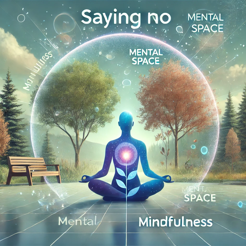 Illustration of a person confidently saying no, surrounded by various demands and distractions, symbolizing the importance of setting boundaries for mental health