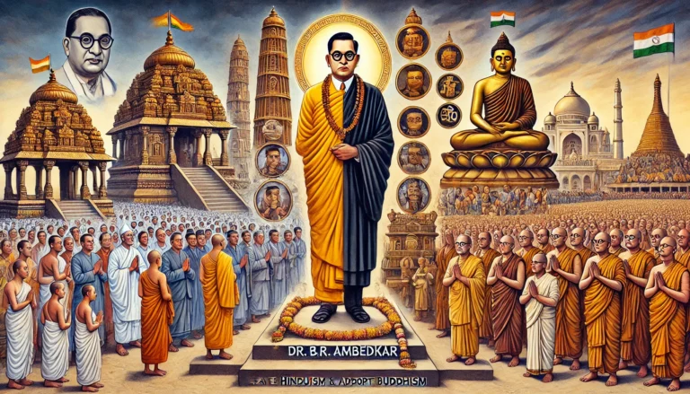 DALL·E 2024-11-07 17.11.31 - A detailed depiction illustrating Dr. B.R. Ambedkar leaving Hinduism and adopting Buddhism, featuring key historical and cultural moments of this tran