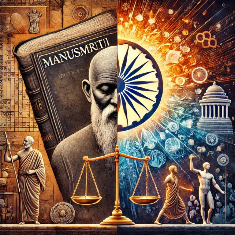 DALL·E 2024-11-08 19.35.59 - A powerful and symbolic image representing the contrast between Manusmriti and the Constitution of India. On one side, the Manusmriti is depicted as a