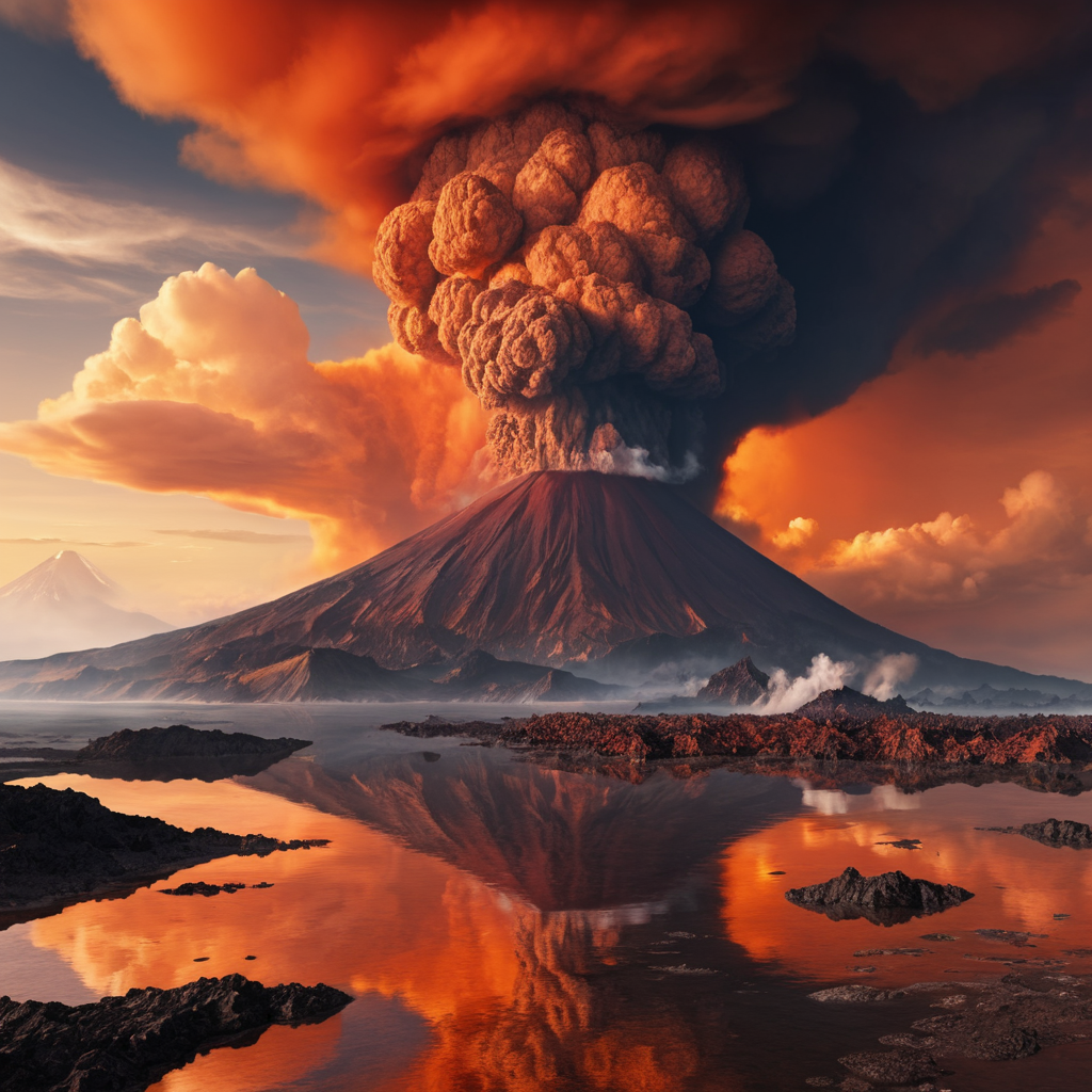 Illustration of primordial Earth with volcanic eruptions, representing the origins of life