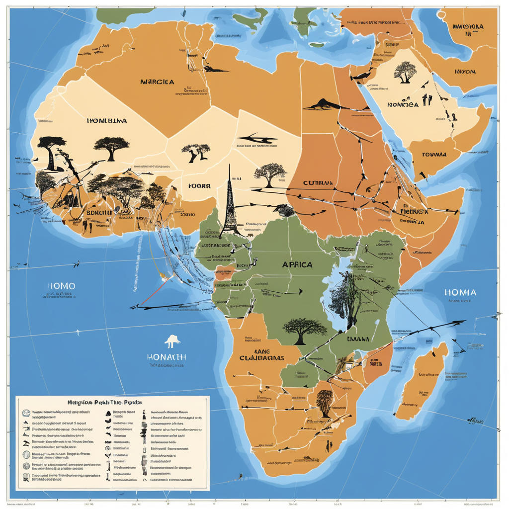 Map of Homo sapiens migration paths from Africa to various continents, illustrating early human movement