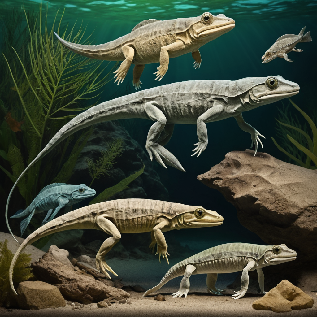 Ancient fish-like vertebrates swimming in a prehistoric sea, representing early vertebrate evolution