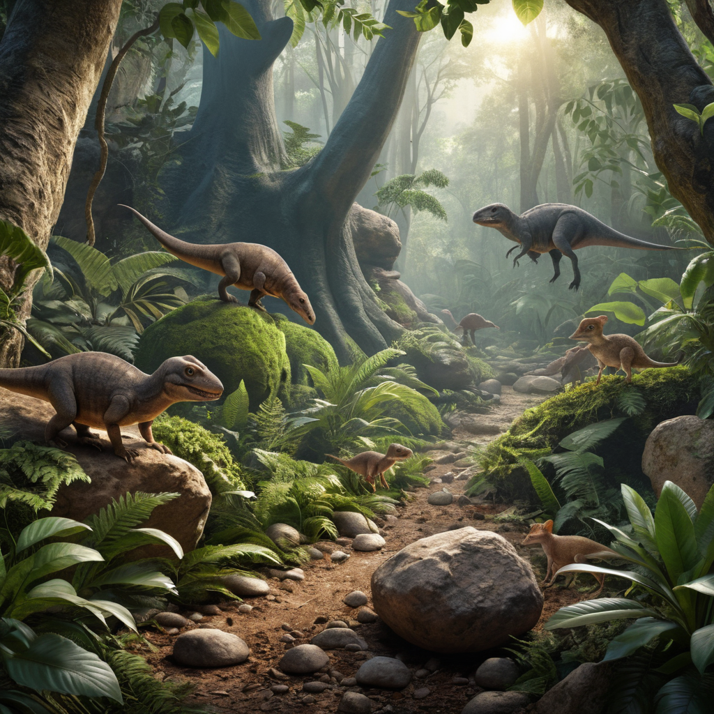 Early mammals hiding in a forest during the age of dinosaurs, representing mammalian evolution