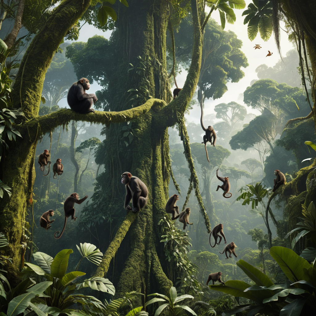 Primate ancestors in a jungle, climbing trees, showing the early evolution of primates