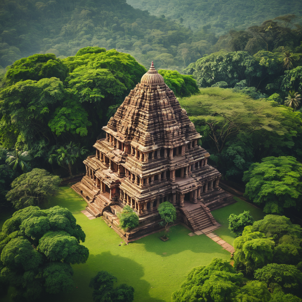 An ancient Indian temple surrounded by lush greenery