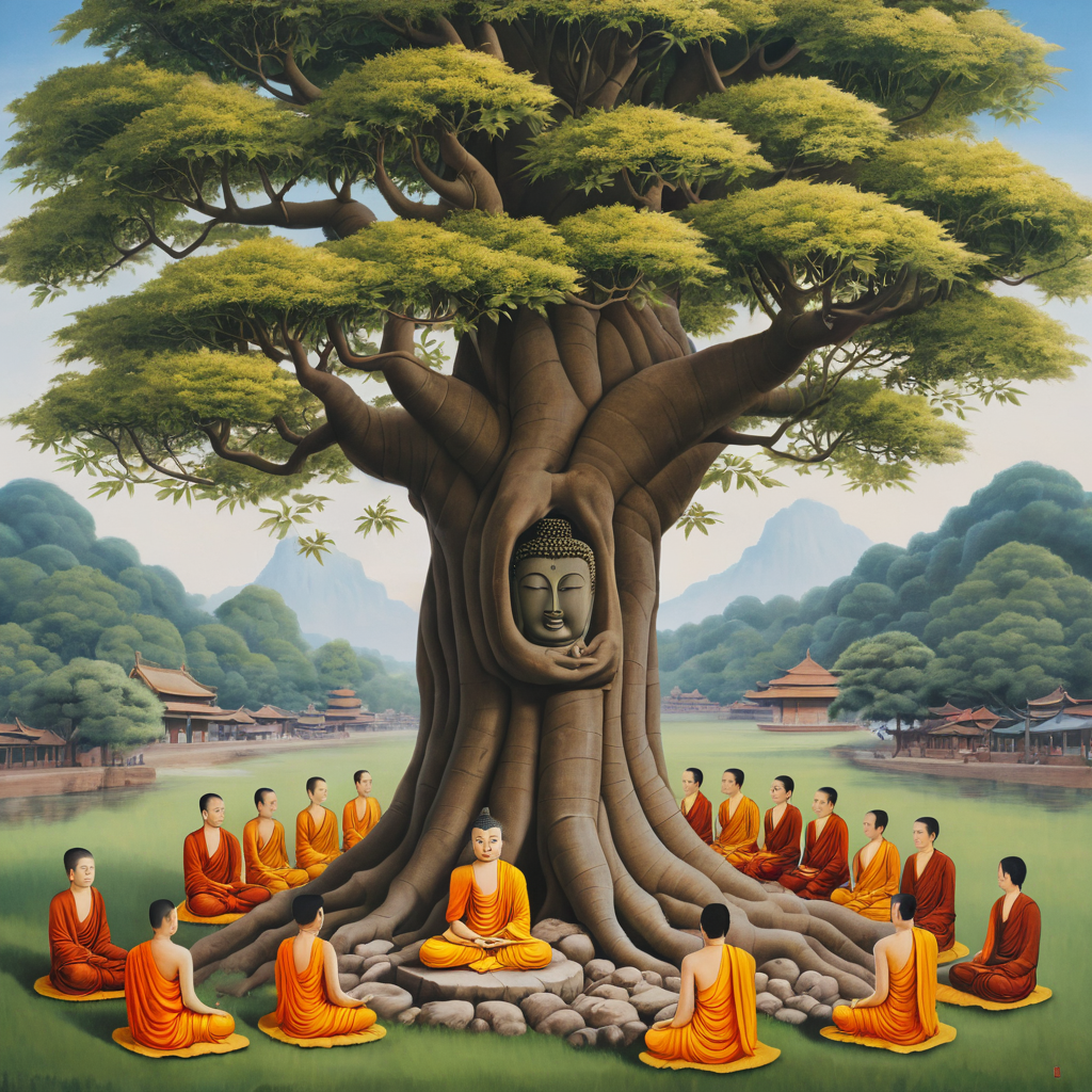 A depiction of the Buddha under a tree with followers around him