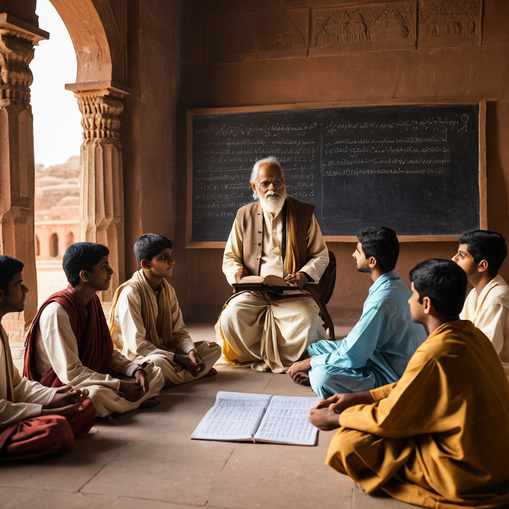 Ancient Indian mathematician teaching a group of students