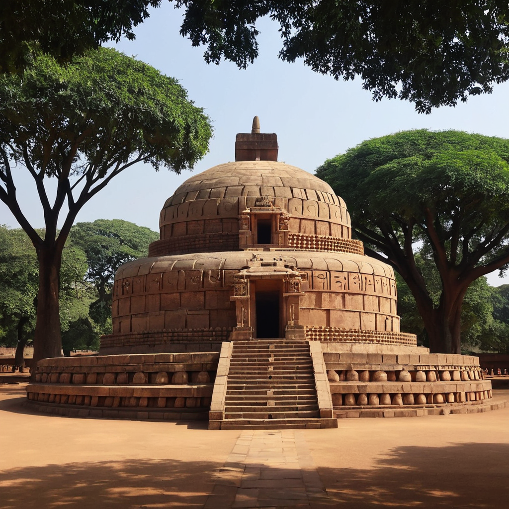 
The Great Sanchi Stupa, a UNESCO World Heritage site, showcasing its iconic dome and intricately carved gateways, representing a significant symbol of Buddhist architecture and heritage in India