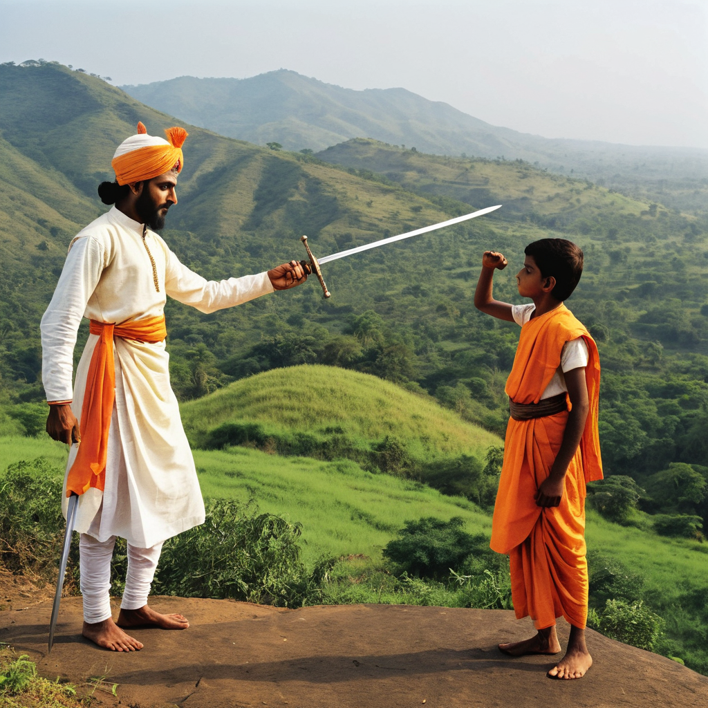 Young Shivaji Maharaj practicing swordsmanship under his mother Jijabai's watchful