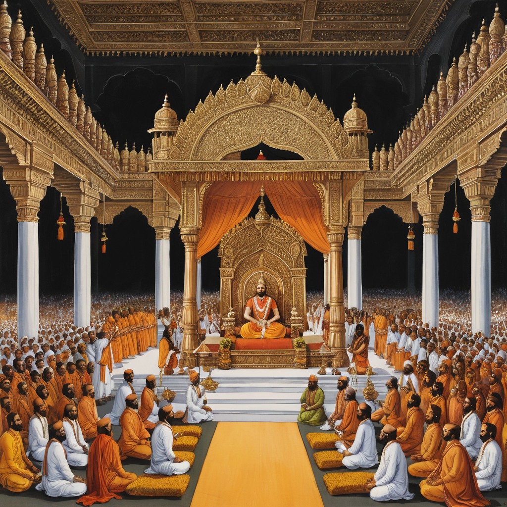 hivaji Maharaj’s coronation ceremony with Brahmins, symbolizing the founding of Swarajya.