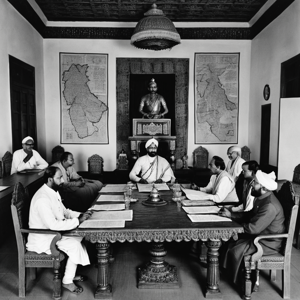 Shivaji Maharaj discussing governance with his ministers, symbolizing his structured Maratha administration