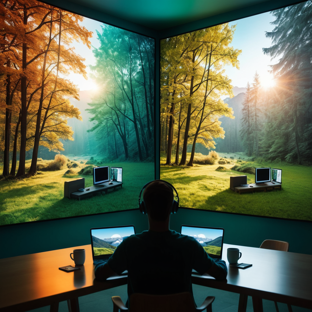 The Internet's Influence on Human Behavior
"A split scene showing one half as a person engaged online, bathed in a glow from multiple screens, while the other half displays the person unplugged and surrounded by nature. Contrasting colors emphasize the difference between digital and offline life."