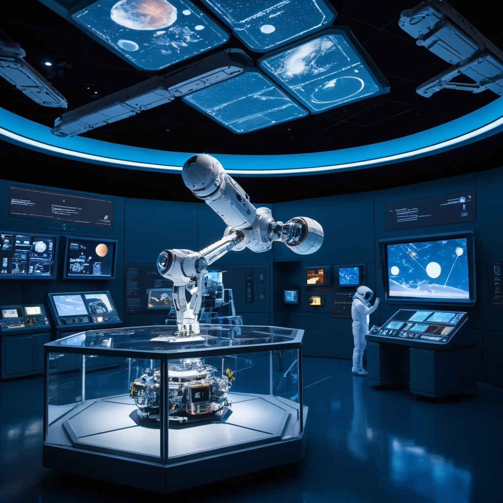 Section 2: The Role of Technology in Advancing Space Exploration
Prompt:
"A futuristic space laboratory with robotic arms assembling a high-tech satellite. A holographic display projects a model of a spacecraft in the background. The room is illuminated with a bluish glow, emphasizing cutting-edge technology and innovation."
