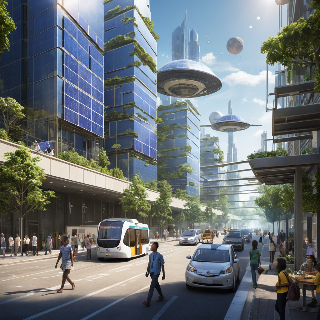 Section 3: Space Exploration's Contributions to Daily Life on Earth
Prompt:
"A serene urban scene showcasing advancements inspired by space exploration, such as solar panels, satellite-driven weather forecasting on a smartphone, and efficient transportation systems. The setting features diverse individuals benefiting from these innovations in a sunny, modern city."