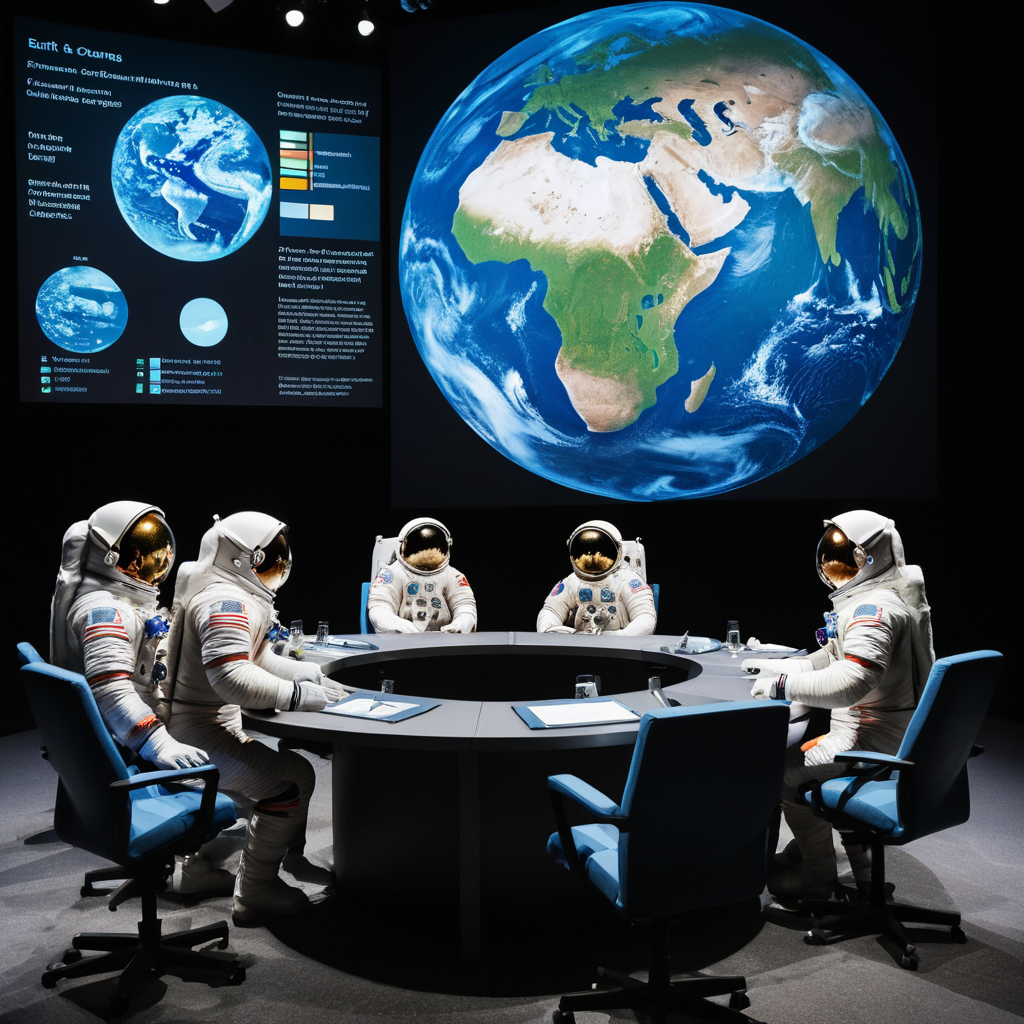 Section 4: Ethical Considerations in Space Exploration
Prompt:
"A conceptual image of Earth viewed from space, with one half glowing with technology and progress while the other half depicts environmental damage. Astronauts are shown in a conference setting, debating with holographic charts about ethical choices in space exploration."