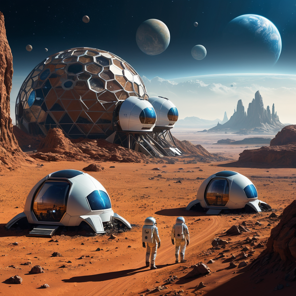 Section 5: The Future of Space Exploration – Colonization and Beyond
Prompt:
"A breathtaking Martian landscape with a futuristic human colony. The scene includes geodesic domes, rovers, and people in advanced space suits working on terraforming. In the sky, Earth is visible as a distant blue dot, symbolizing the connection to our home planet."