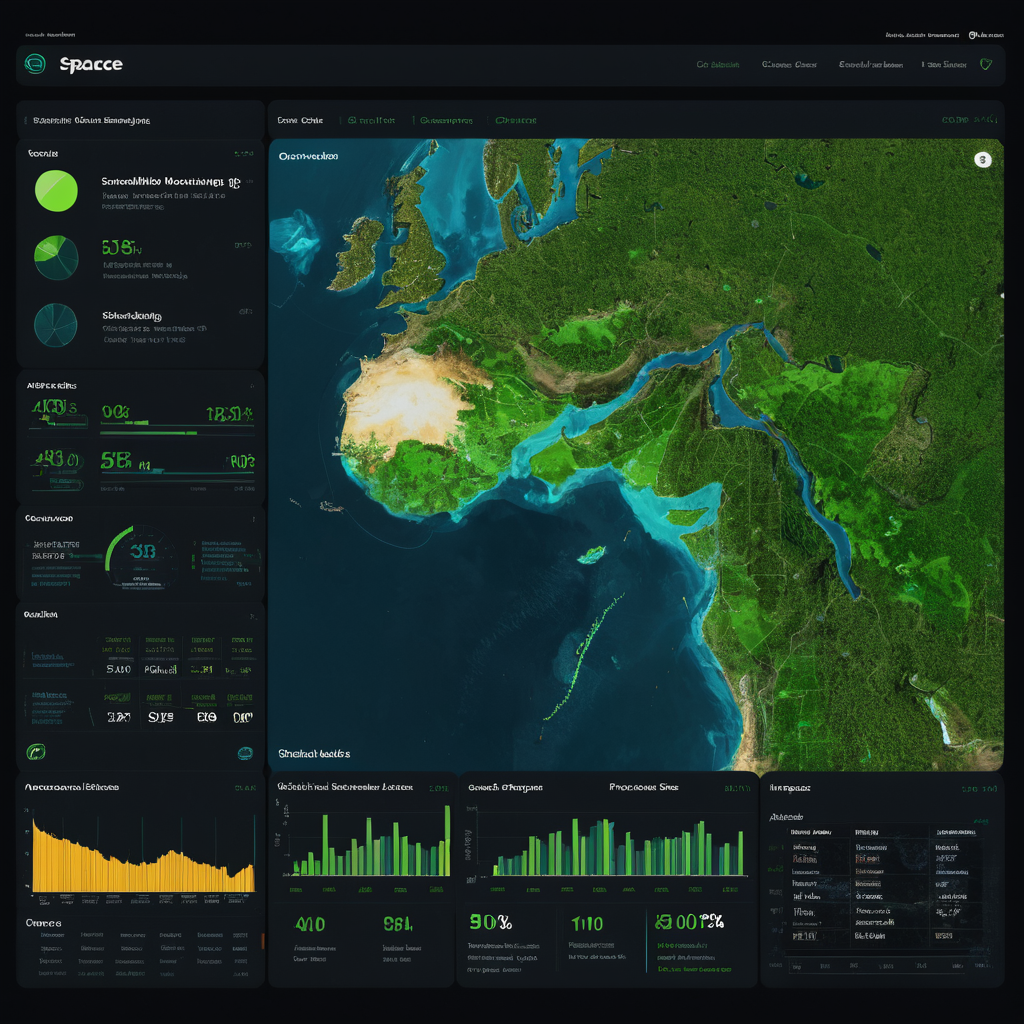 Section 6: Space Exploration and Environmental Sustainability
Prompt:
"A satellite monitoring Earth's ecosystems from space, capturing detailed imagery of forests, oceans, and urban areas. On one side of the image, a digital dashboard shows data on deforestation and climate change. The overall color palette features vibrant greens and blues with contrasting dark space."