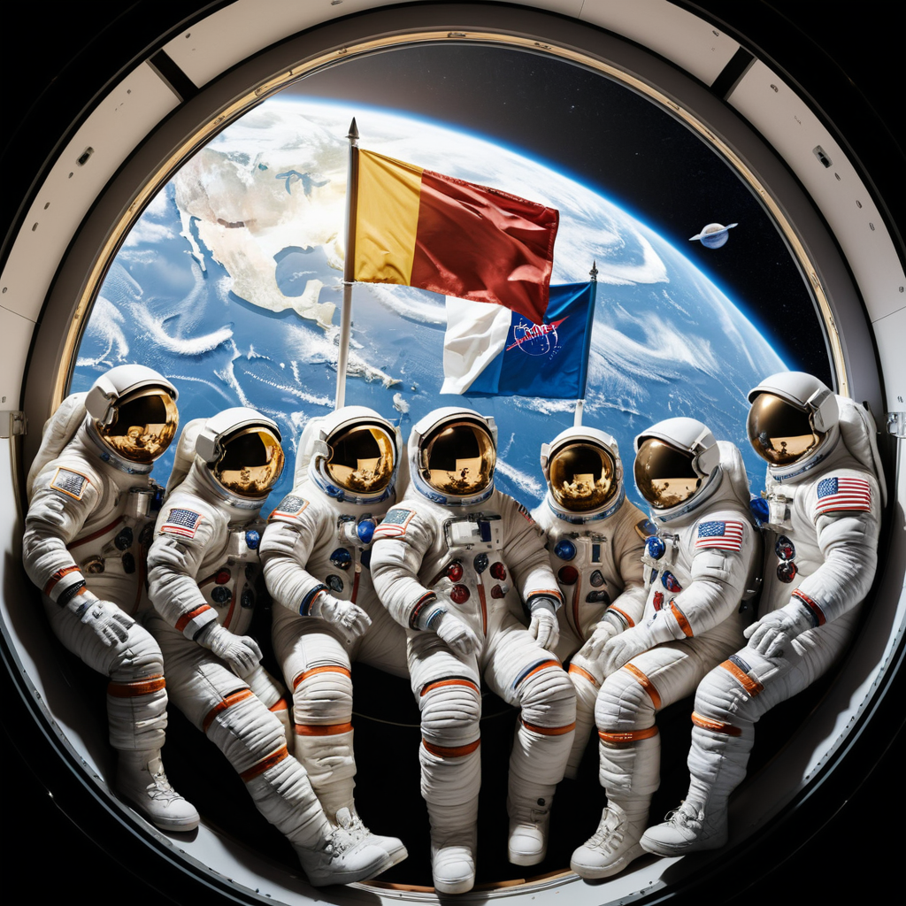 Section 7: Space Exploration as a Unifying Global Force
Prompt:
"An international team of astronauts from different countries, including their respective flags on their space suits, floating together in a spacecraft with Earth visible through a large window. The scene radiates harmony and teamwork, with warm lighting and a hopeful atmosphere."